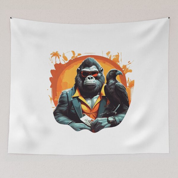 Item preview, Illustration of a fierce gorilla with sunglasses and a crow, designed and sold by Mahilis.