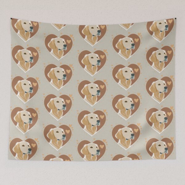 Item preview, serious face golden retriever dog with love hearts vintage art style designed and sold by planetgolden.