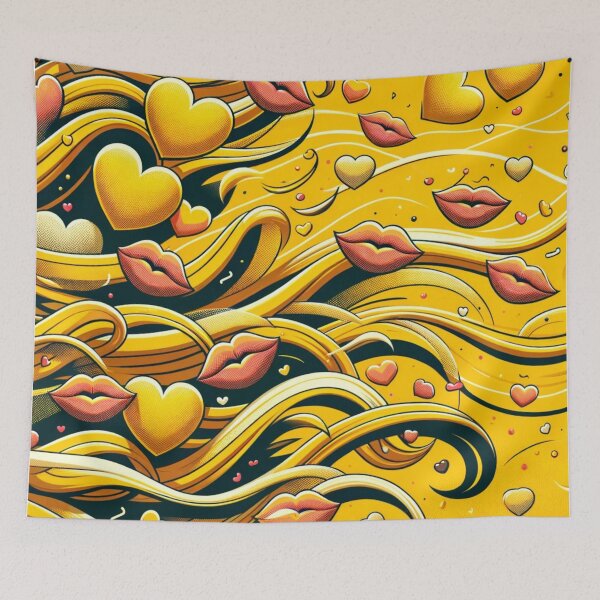 Item preview, Mustard Yellow Crazy Hearts & Lips Pattern designed and sold by Teas-Talents.