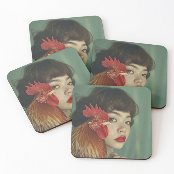 Item preview, Red Lips Woman With Rooster | Quirky Surreal Animal Portrait designed and sold by VUK VESOVIC.