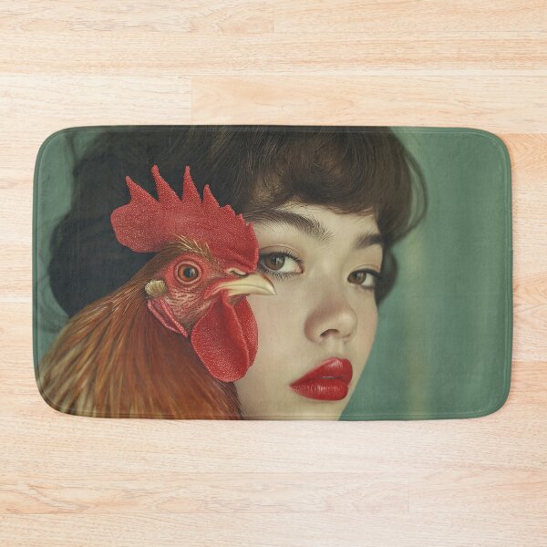 Item preview, Red Lips Woman With Rooster | Quirky Surreal Animal Portrait designed and sold by VUK VESOVIC.