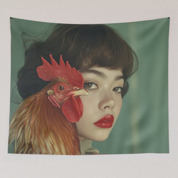 Item preview, Red Lips Woman With Rooster | Quirky Surreal Animal Portrait designed and sold by VUK VESOVIC.