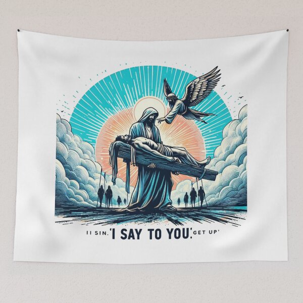 Item preview, Copy of Could you please provide a brief sketch of the scene where Jesus resurrected the dead son of the widow in Nain signs held by men and women marching in a city street.:  Watercolor designed and sold by PaintMeWorld.