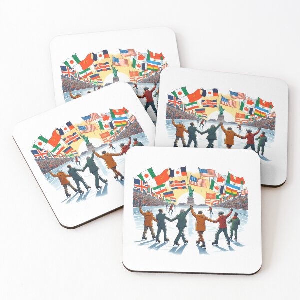 Item preview,  The scene of ALL NATIONS holding FLAGS, MOVEMENT of peace, accompanied by their pets and entire families, protesting for peace. signs held by men and women marching in a city street.:  Watercolor designed and sold by PaintMeWorld.
