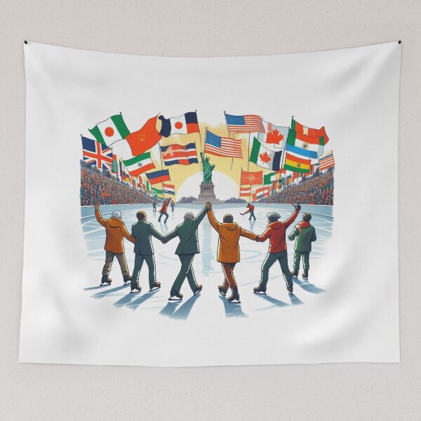 Item preview,  The scene of ALL NATIONS holding FLAGS, MOVEMENT of peace, accompanied by their pets and entire families, protesting for peace. signs held by men and women marching in a city street.:  Watercolor designed and sold by PaintMeWorld.