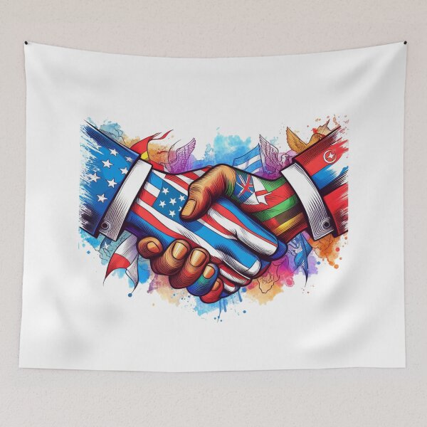 Item preview,  war come together for a strong handshake, symbolizing unity for peace negotiations."T of peace, accompanied by their pets and entire families, protesting for peace.:  Watercolor designed and sold by PaintMeWorld.