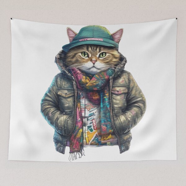 Item preview, cute street cat wearing a jacket and hat designed and sold by jnsmerchstore.