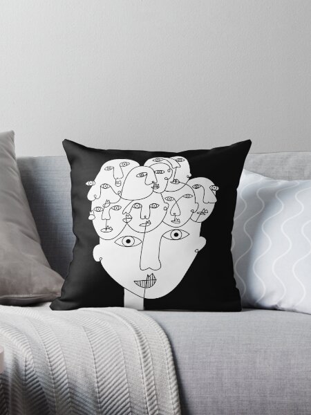 Crazy Black and White Head with Faces Throw Pillow