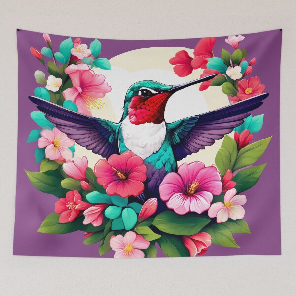 Item preview, Cute Ruby Throated Hummingbird Surrounded by Spring Flowers designed and sold by BirdsnStuff.