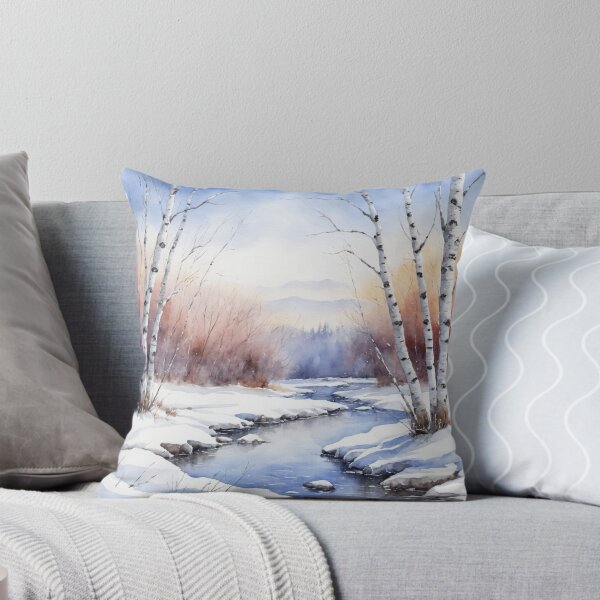 Item preview, Escena nevada de invierno con abedules y río congelado. Pintura de paisaje en acuarela. designed and sold by twisted-dot.