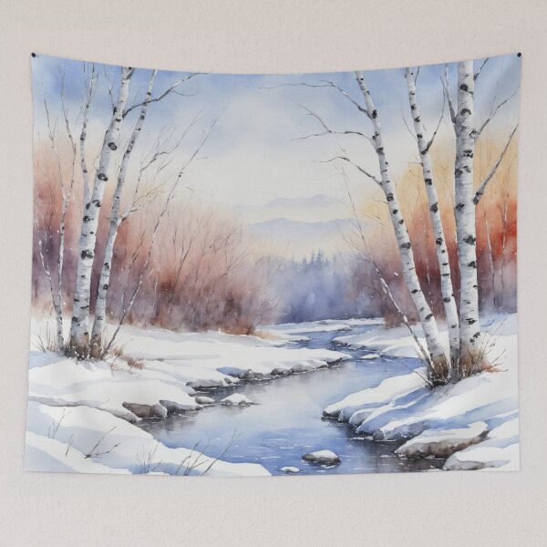 Item preview, Escena nevada de invierno con abedules y río congelado. Pintura de paisaje en acuarela. designed and sold by twisted-dot.
