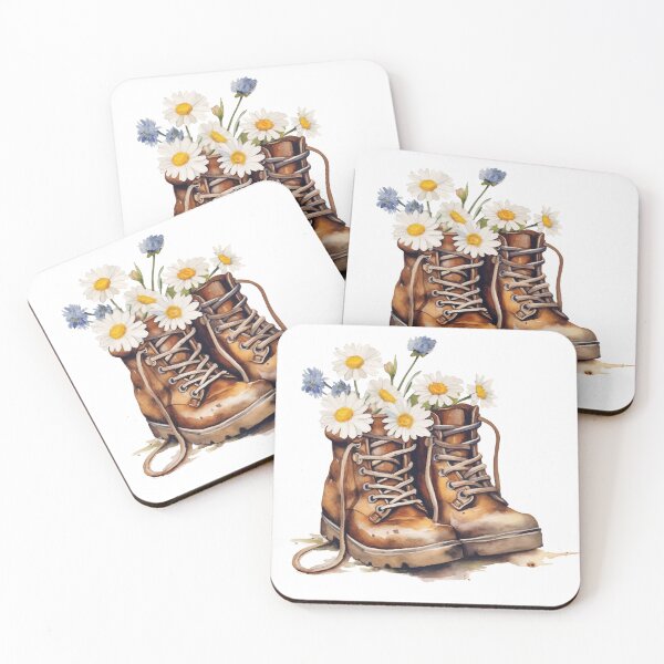 Item preview, old hiking boots with Daisy flowers designed and sold by PandaKunst.