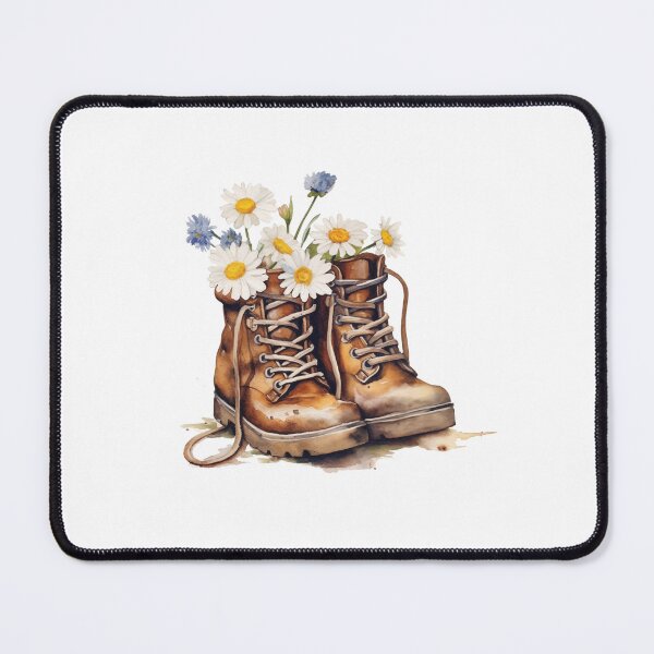 Item preview, old hiking boots with Daisy flowers designed and sold by PandaKunst.