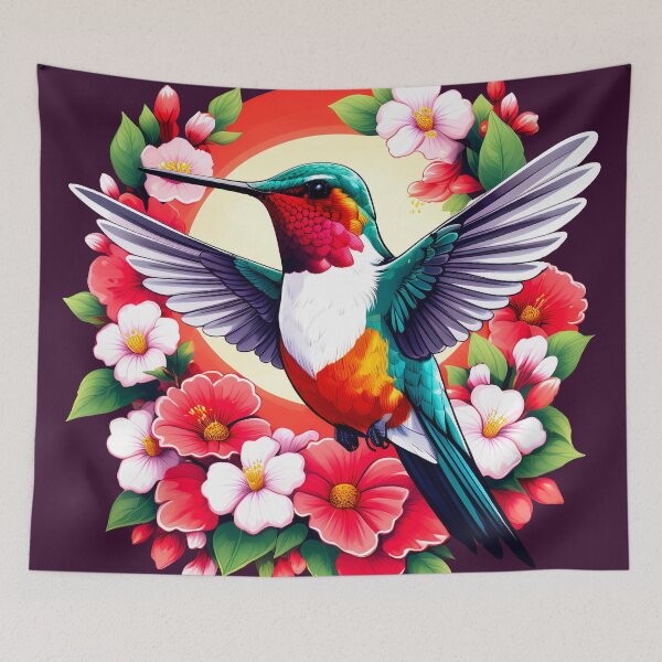 Item preview, Cute Ruby Throated Hummingbird Surrounded by Spring Flowers designed and sold by BirdsnStuff.