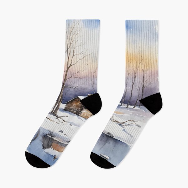 Item preview, Winter scene with an old shack. Watercolor landscape painting. designed and sold by twisted-dot.
