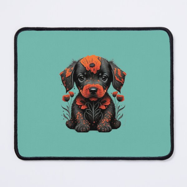 Item preview, cute black puppy with flowers and poppy designed and sold by BlueGoldArt.