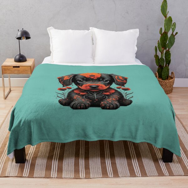 Item preview, cute black puppy with flowers and poppy designed and sold by BlueGoldArt.