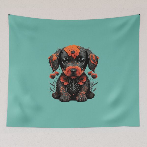 Item preview, cute black puppy with flowers and poppy designed and sold by BlueGoldArt.