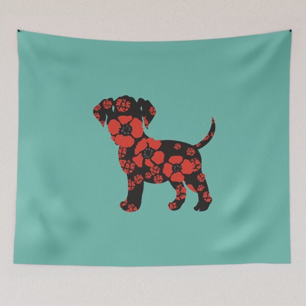 Item preview,  Floral black puppy with flowers and poppy designed and sold by BlueGoldArt.
