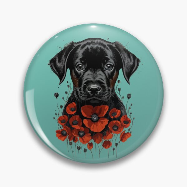 Item preview, Cute black dog puppy with flowers and poppy designed and sold by BlueGoldArt.