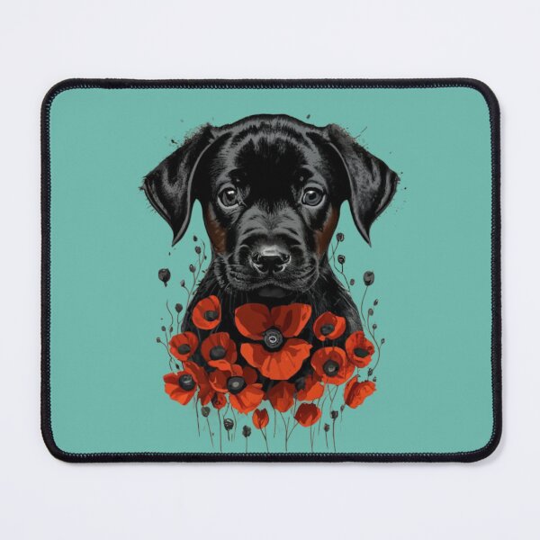 Item preview, Cute black dog puppy with flowers and poppy designed and sold by BlueGoldArt.