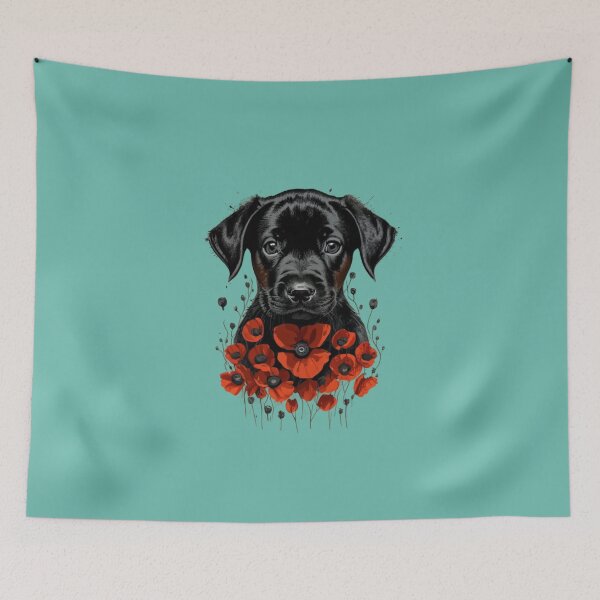 Item preview, Cute black dog puppy with flowers and poppy designed and sold by BlueGoldArt.