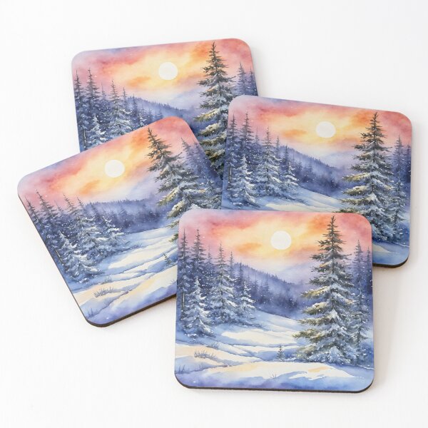 Item preview, Winter scene with a sunset. Watercolor landscape painting. designed and sold by twisted-dot.