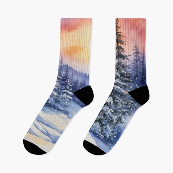 Item preview, Winter scene with a sunset. Watercolor landscape painting. designed and sold by twisted-dot.