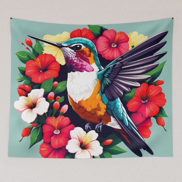 Item preview, Cute Ruby Throated Hummingbird Surrounded by Spring Flowers designed and sold by BirdsnStuff.