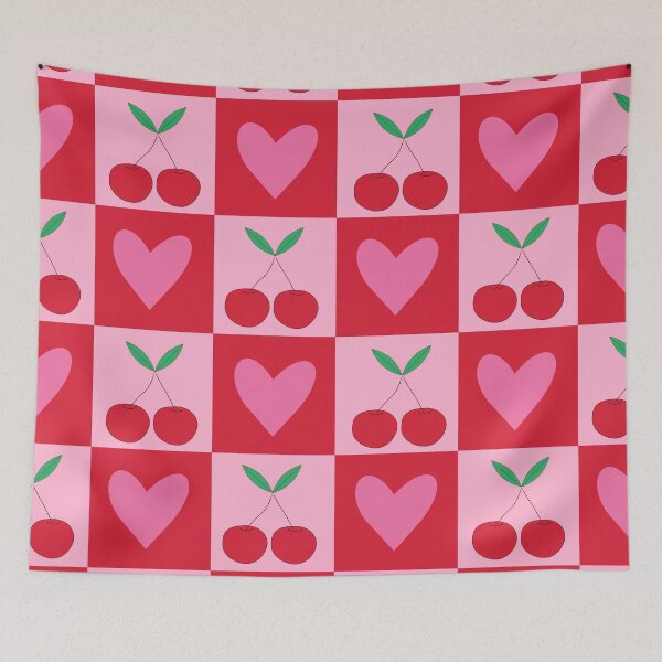 Item preview, Checkered Cherries with Pink Hearts Pattern designed and sold by Yasminepatterns .