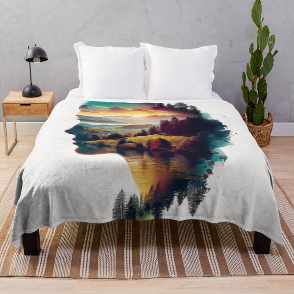 Item preview, Female profile face on autumnal mountainous landscape and sunset designed and sold by cristina1001.