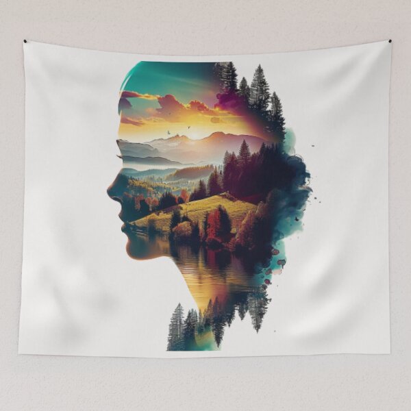 Item preview, Female profile face on autumnal mountainous landscape and sunset designed and sold by cristina1001.