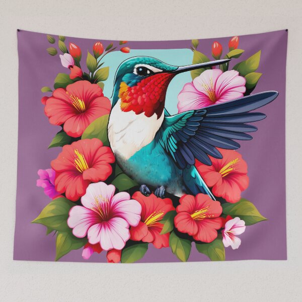 Item preview, Cute Ruby Throated Hummingbird Surrounded by Spring Flowers designed and sold by BirdsnStuff.