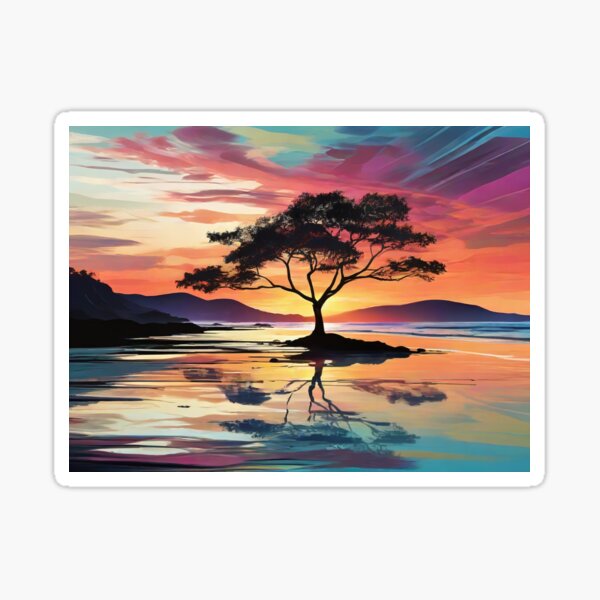 Item preview, Watercolor silhouette tree at sunset on the beach abstract colorful. designed and sold by athurbubble.