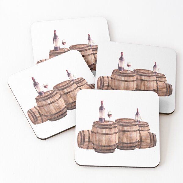 Item preview, Wooden old barrels with bottles and glasses of red wine Watercolour painting illustration designed and sold by BartolArt.