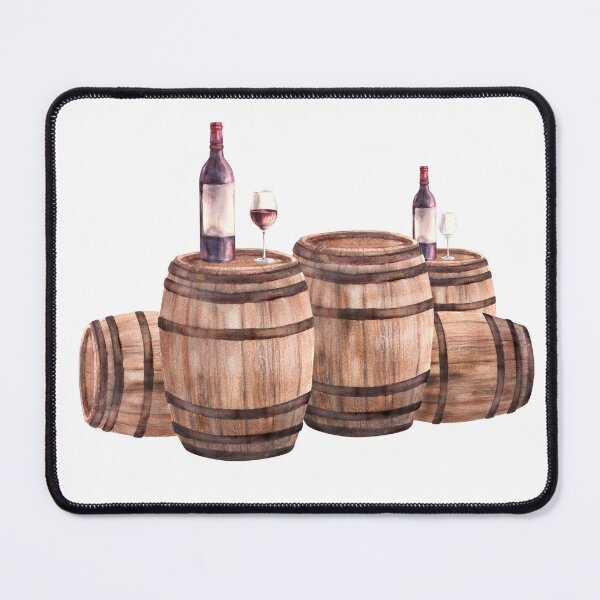 Item preview, Wooden old barrels with bottles and glasses of red wine Watercolour painting illustration designed and sold by BartolArt.