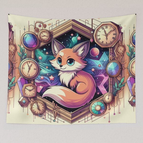 Item preview, Kitsune Fox Kawaii shrine celestial Cartoon Illustration Graphic Clocks designed and sold by CoffeeIsATrip.