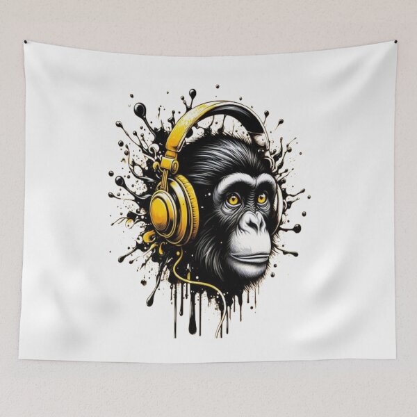 Item preview, Monkey head with yellow headphones in a color blob design designed and sold by danny-Dsign.