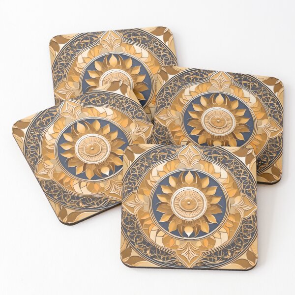 Item preview, Art Deco golden sunflower on a blue background designed and sold by eatmorvelopator.