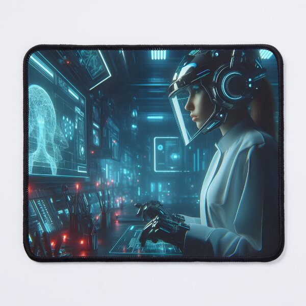 Item preview, Female scientist with helmet in futuristic lab designed and sold by cyberheadscifi.