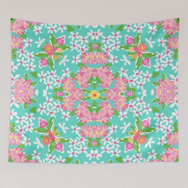 Item preview, Preppy white and pink daisies chevron on green turquoise designed and sold by SophieClimaArt.