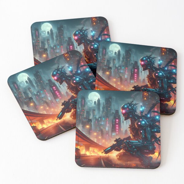 Item preview, Giant robot in future city on fire designed and sold by cyberheadscifi.