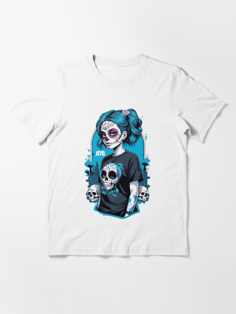 ★HYDROGEN★Unisex Skull &Flower Graphic Tee BLUE Sugar Skull Girl with Blue Hair and a White Rose