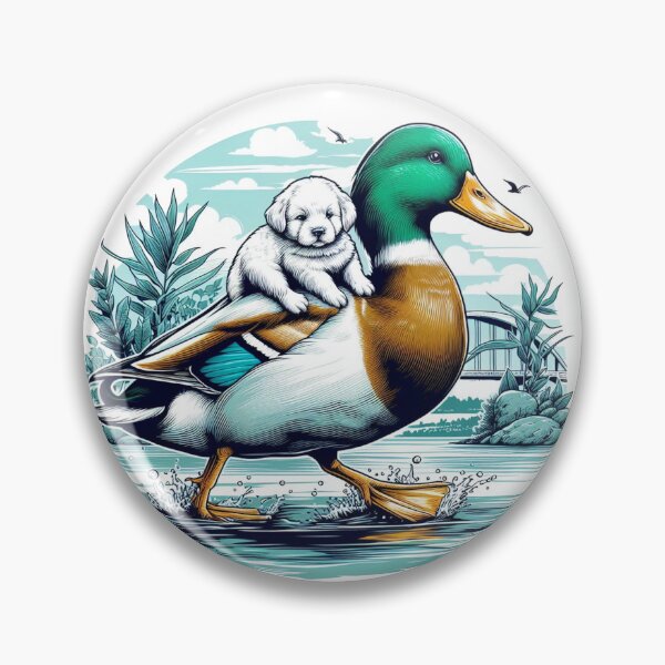 Item preview, A beautiful daddy duck is carrying a young white puppy on its back by the waterside:  Watercolor designed and sold by PaintMeWorld.