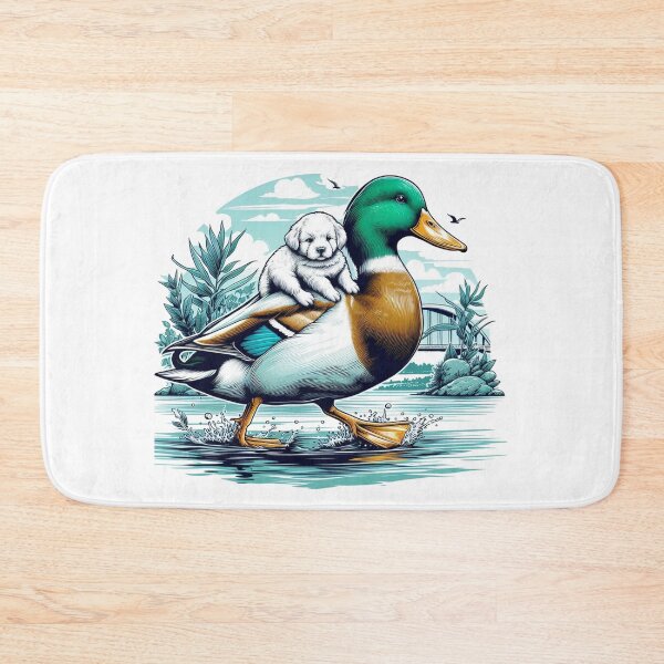 Item preview, A beautiful daddy duck is carrying a young white puppy on its back by the waterside:  Watercolor designed and sold by PaintMeWorld.