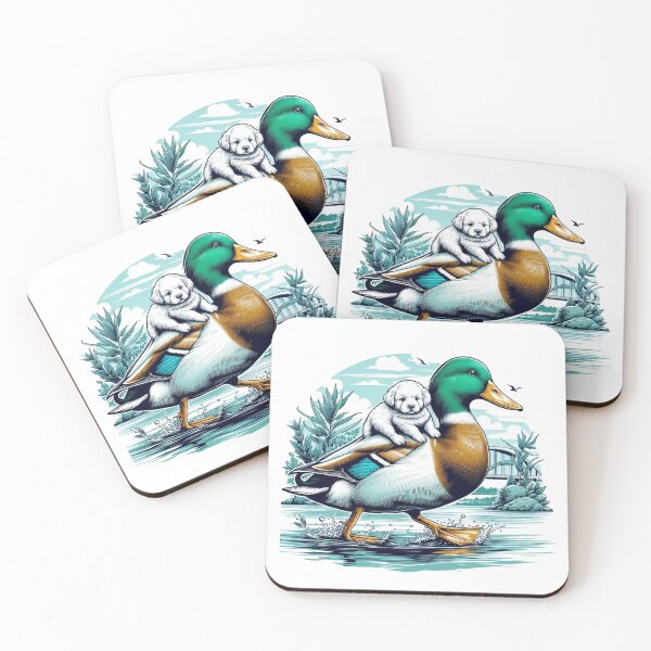 Item preview, A beautiful daddy duck is carrying a young white puppy on its back by the waterside:  Watercolor designed and sold by PaintMeWorld.