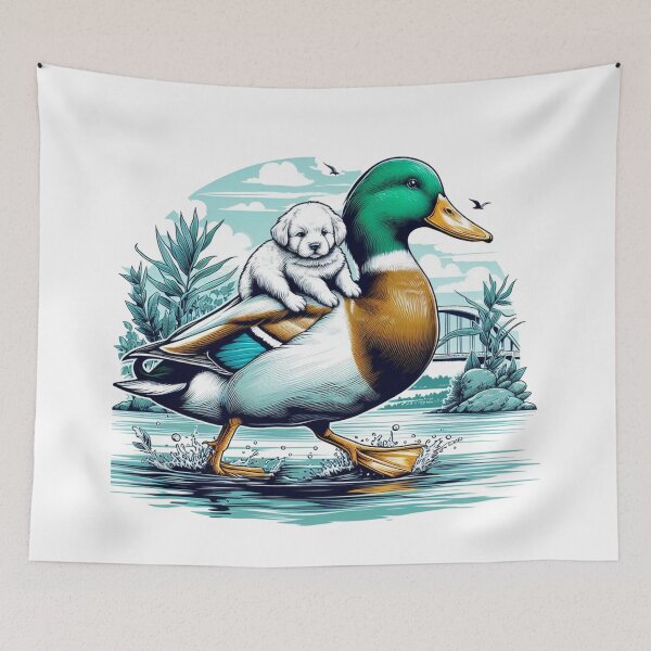 Item preview, A beautiful daddy duck is carrying a young white puppy on its back by the waterside:  Watercolor designed and sold by PaintMeWorld.