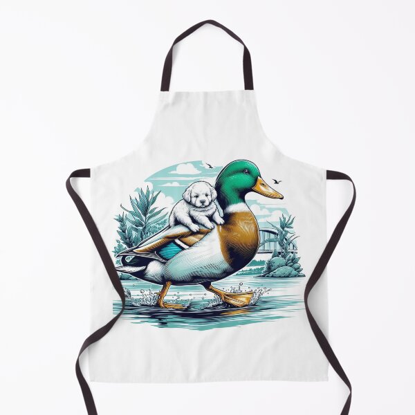 Item preview, A beautiful daddy duck is carrying a young white puppy on its back by the waterside: Watercolor designed and sold by PaintMeWorld.