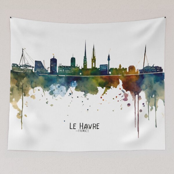 Aperçu de l'œuvre Skyline du Havre en éclaboussures d'aquarelle créée et vendue par Modern-Tropical.