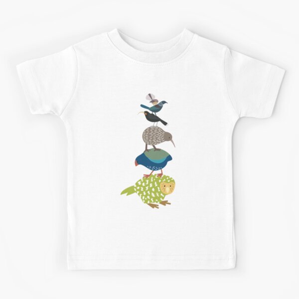 Vista previa del artículo con la obra «Aves apiladas de Nueva Zelanda: Kiwi, Kakapo, Tui, Fanatail, Kaka, Kea», diseñado y vendido por rebeccatiana.